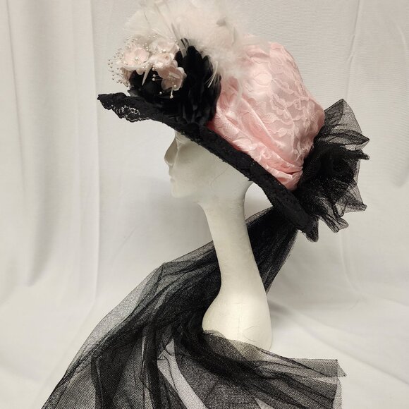 Ladies Victorian Touring Hat with Blush Pink Flowers & Pearls main image 2